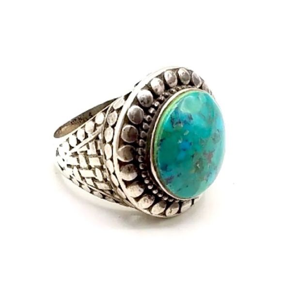Turquoise Cabochon and Sterling Silver Basket Weave Ring Sz 7 or Sz 8 - Picture 12 of 12